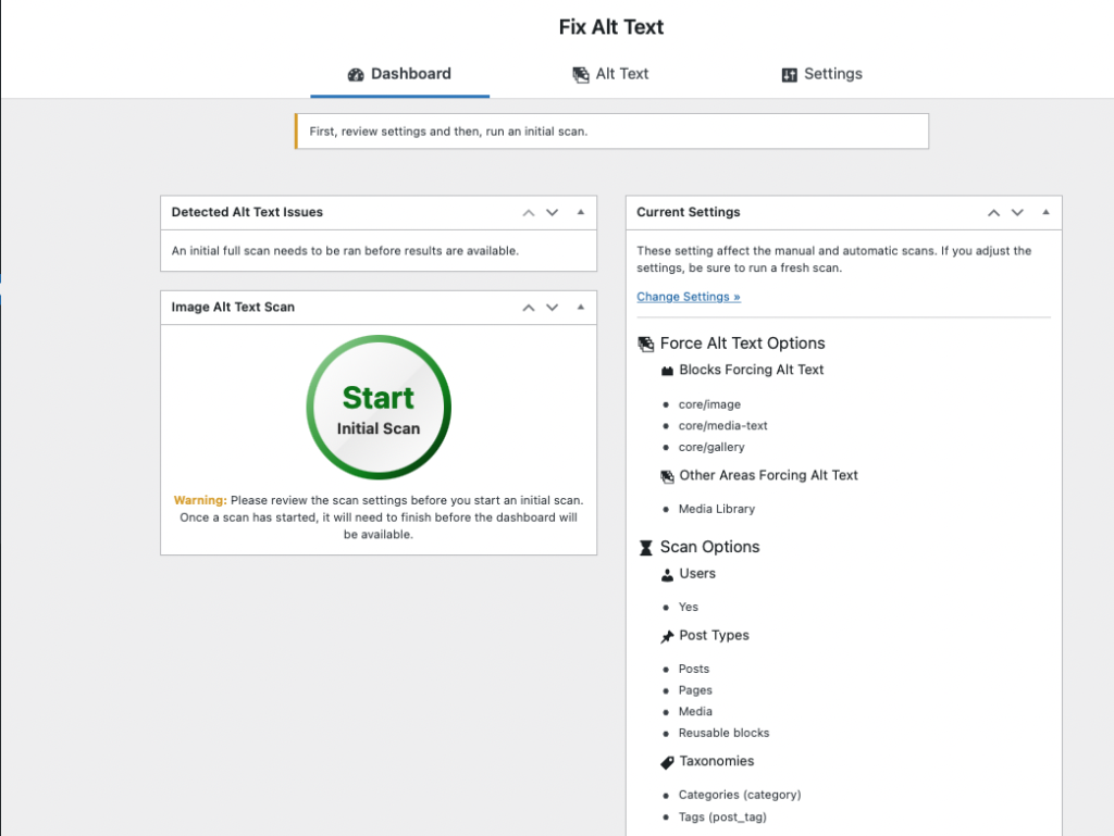 The Dashboard tab of the Fix Alt Text plugin before a scan has been run. A green Start Initial Scan button is present along with the current page settings. 