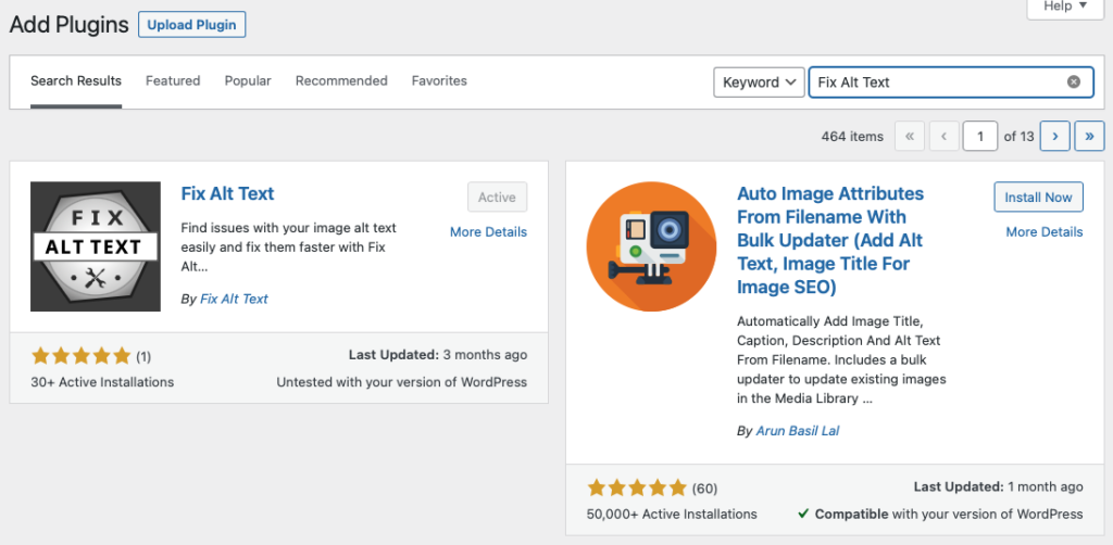 The Add Plugins page of a WordPress dashboard. Fix Alt Text has been entered into the search box and the Fix Alt Text plugin itself is displayed and active. 