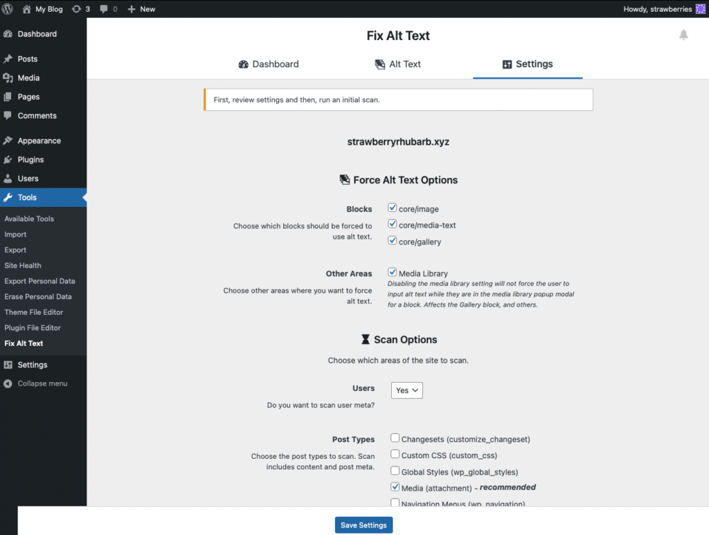 The Settings tab of the Fix Alt Text plugin, with options for what blocks are forced to alt text, and if other areas such as Media Library are scanned or not. 