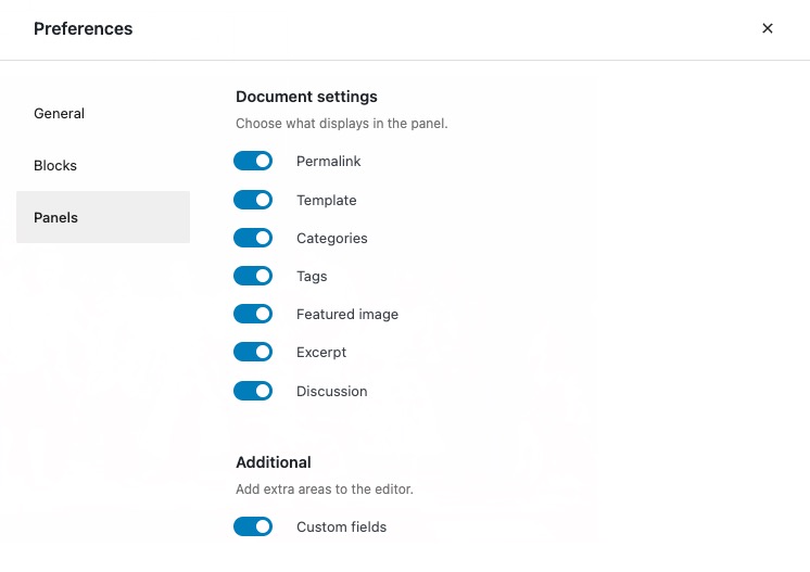 Post or page editor - Panels preferences