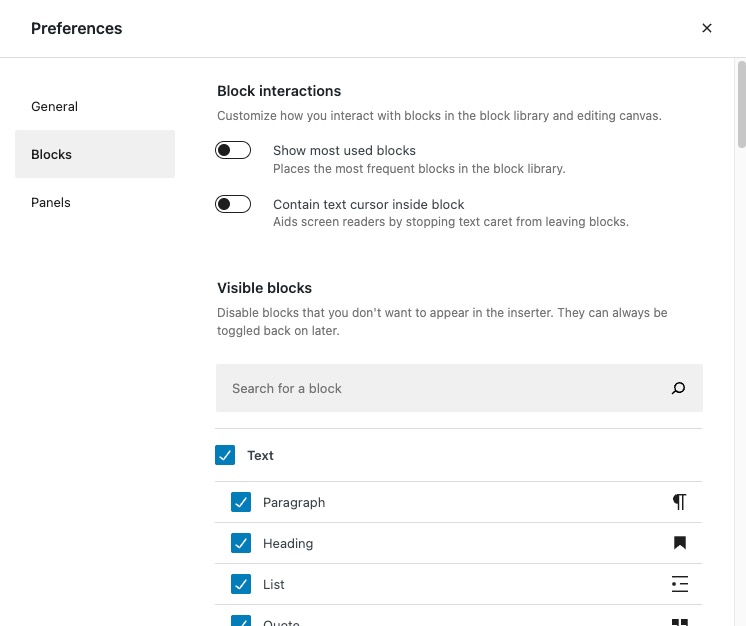 Post or page editor - Blocks preferences