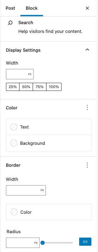 Search block properties in the right column of the editor