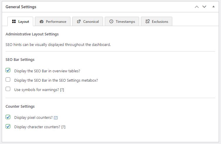 The SEO Framework General Settings box consists of five tabs: Layout, Performance, Canonical, Timestamps, and Exclusions. 