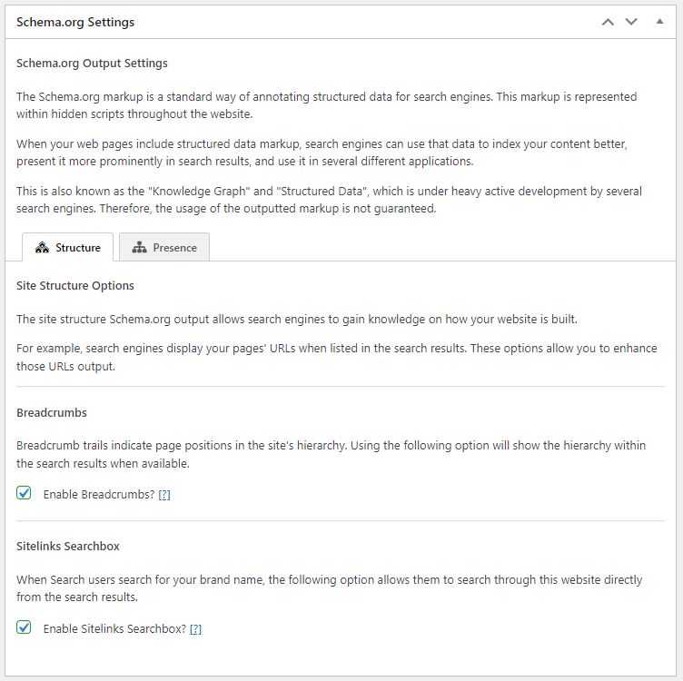 The Schema.org settings allow you to control items such as breadcrumbs and your website logo.