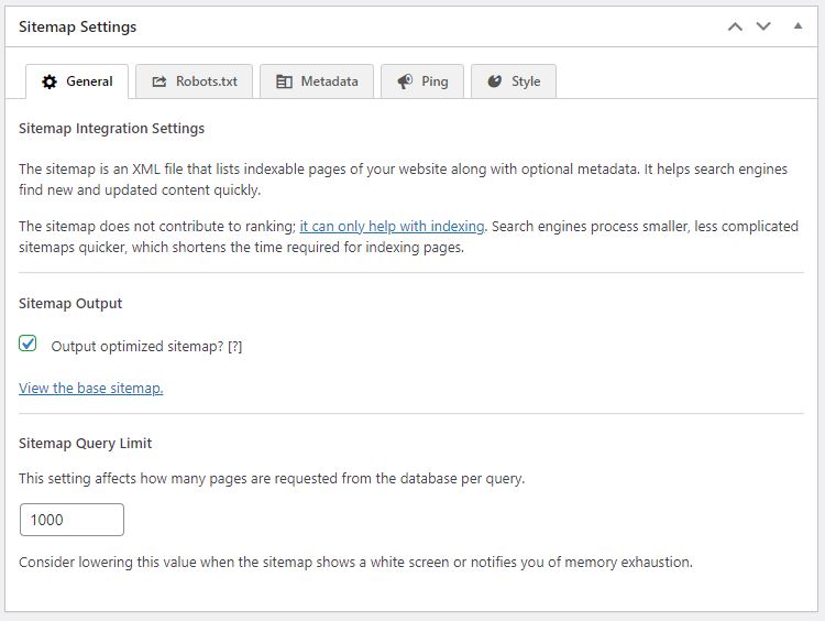The sitemap settings in The SEO Framework give you options for General, Robots.txt, Metadata, Ping, and Style settings.