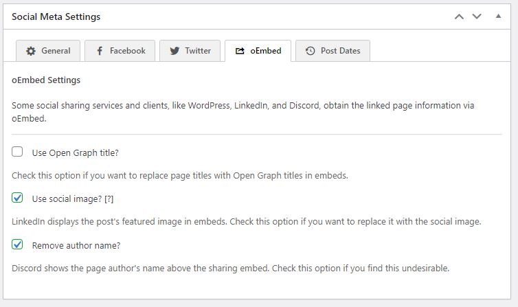 The social meta settings box allows you to manage all of your social media metadata options. There are five tabs available: General, Facebook, Twitter, oEmbed, and Post Dates.