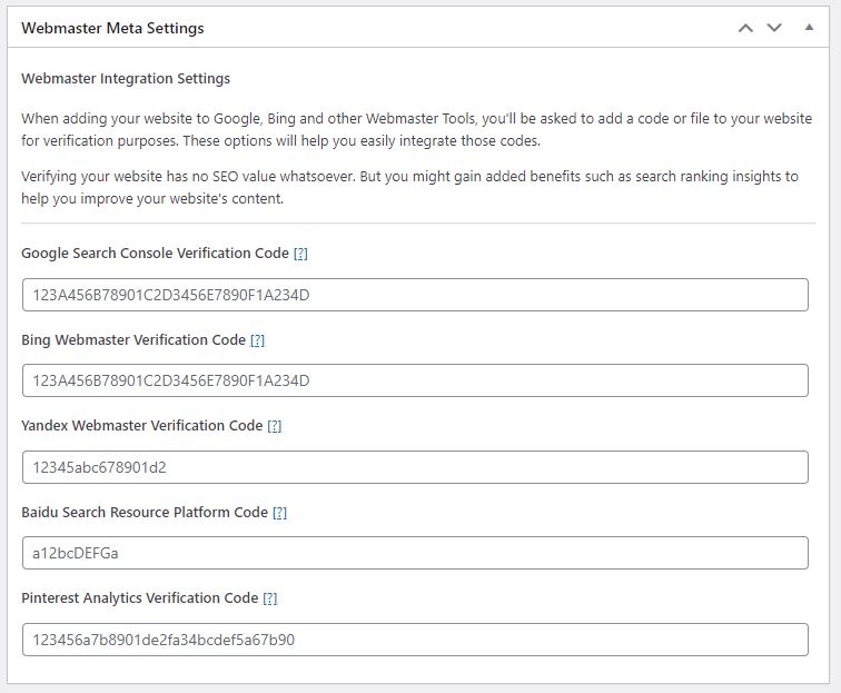 The Webmaster meta settings is where you can input verification codes for Google Search Console, Bing Webmaster, Yandex Webmaster, Baidu Search Resource Platform, and Pinterest Analytics.