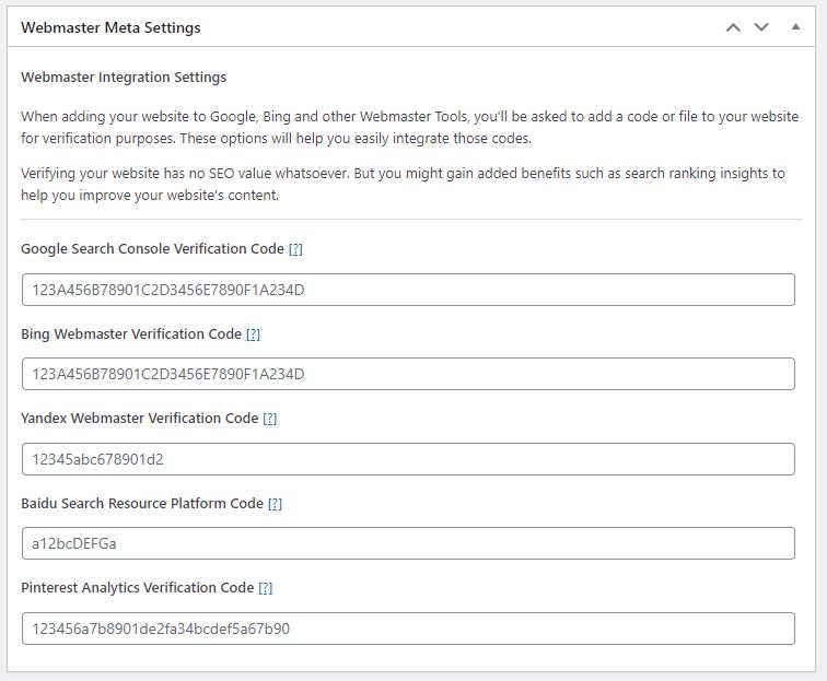 The Webmaster meta settings is where you can input verification codes for Google Search Console, Bing Webmaster, Yandex Webmaster, Baidu Search Resource Platform, and
Pinterest Analytics.