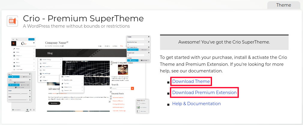 Downloading the Crio Premium SuperTheme