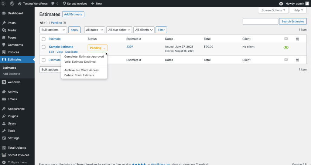 Sprout Invoices pending estimate