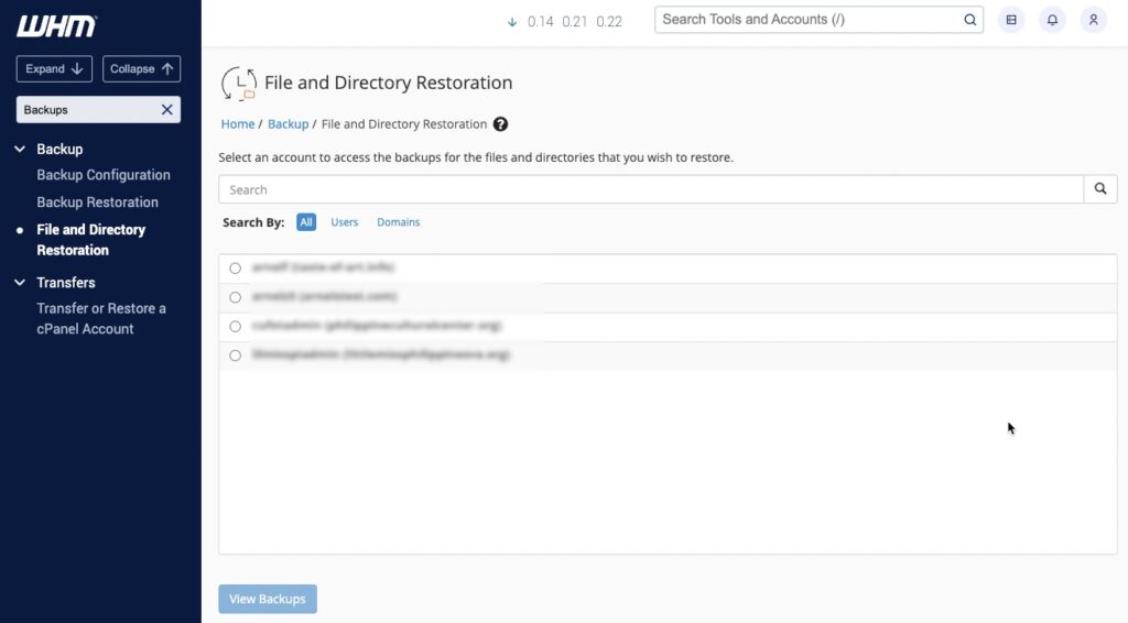 File and directory restoration section of  Backups in WHM