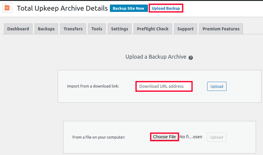 Uploading a Backup File or URL to Restore