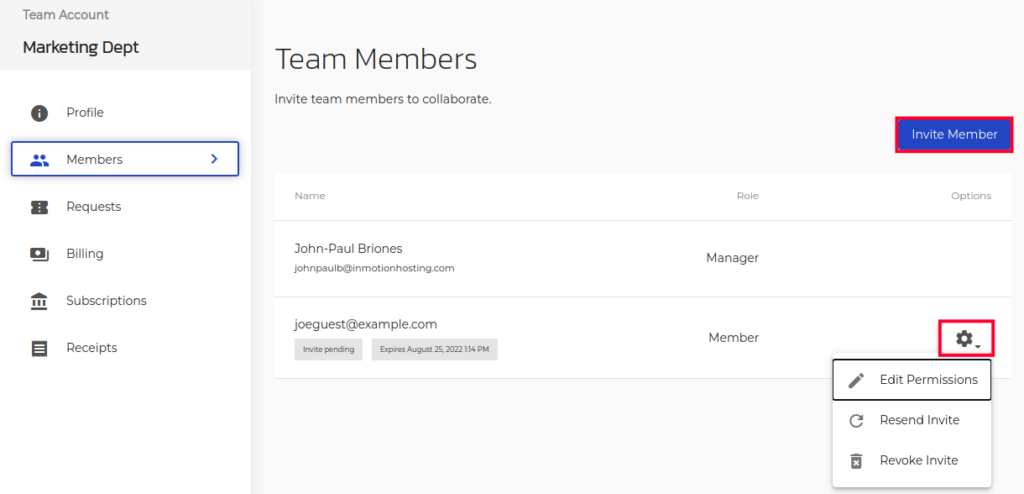 Team Member Management Page