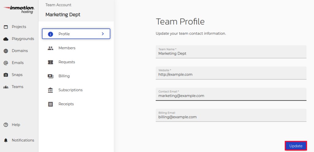 Updating Team Profile Settings