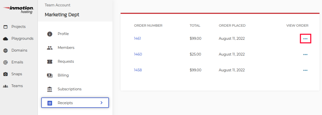 Viewing Team Order Invoices