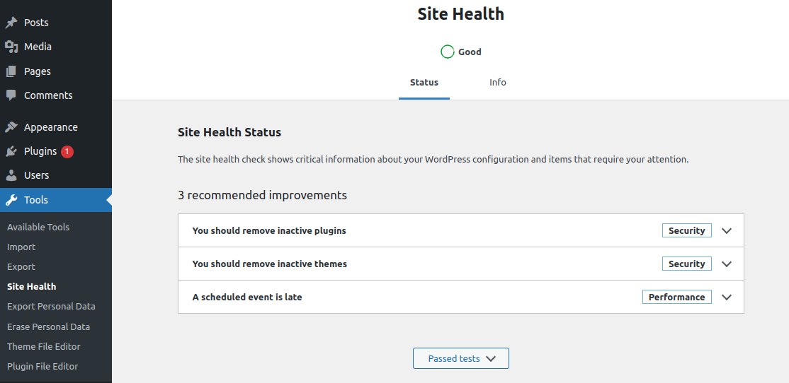View of Site Health Test in WordPress Dashboard