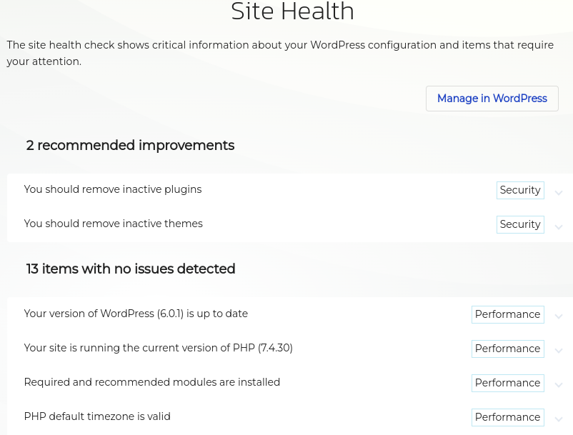 View of Site Health Results