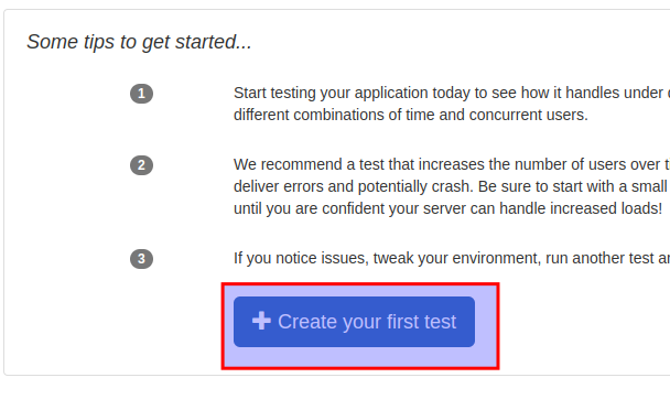 Clicking the "Create your first test" button on loader.io