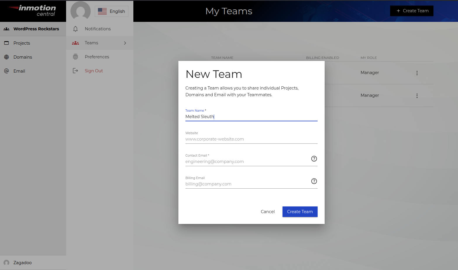 Create Team Screenshot