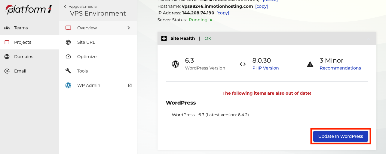 Screenshot of overview screen with Update in WordPress highlighted