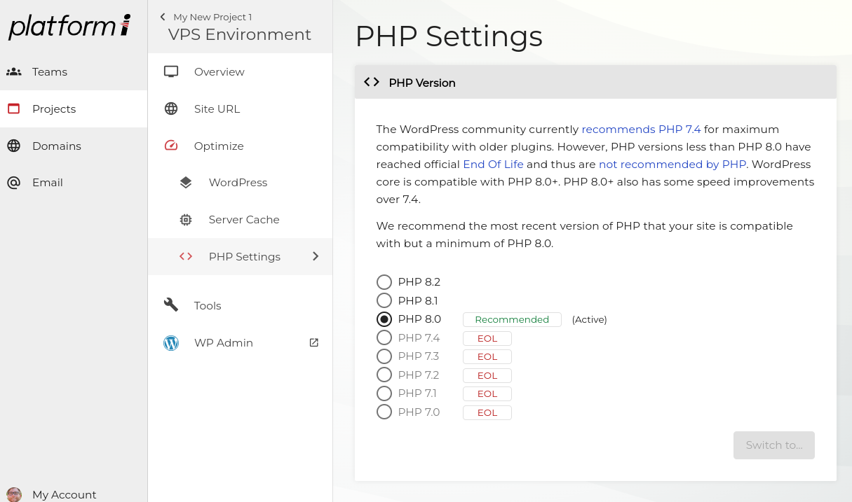 screenshot of the PHP settings menu