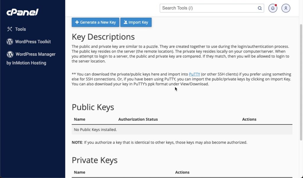 cpanel SSH keys management interface