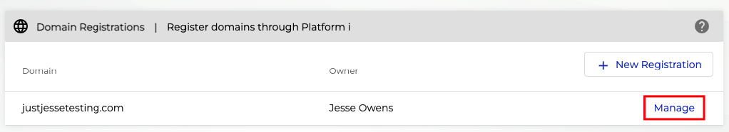 Screenshot of the domain registrations area