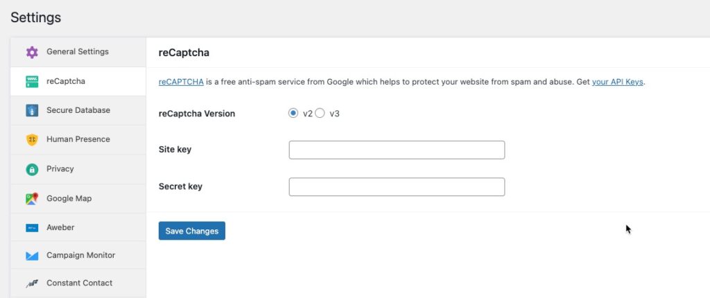 weForms reCaptcha settings