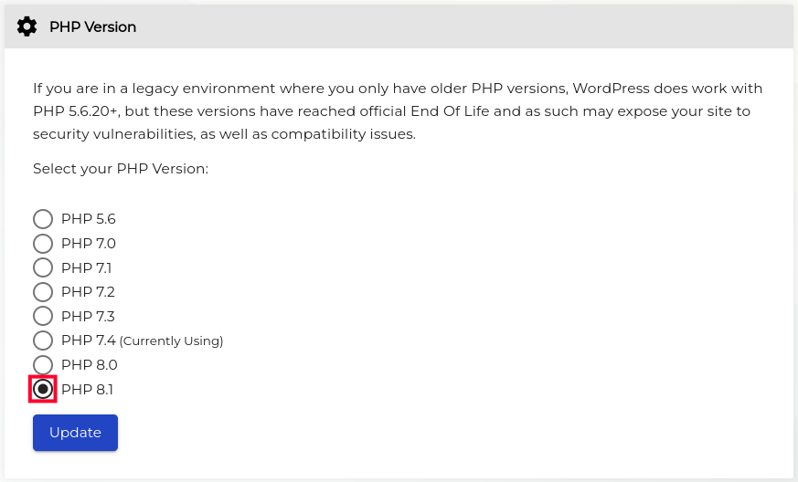 Choosing PHP Version with InMotion Central