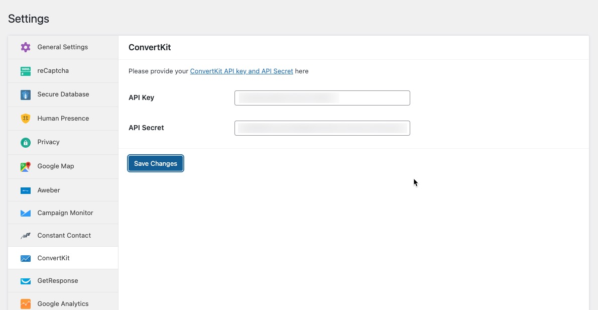 Settings in weForms for API keys to connect ConvertKit