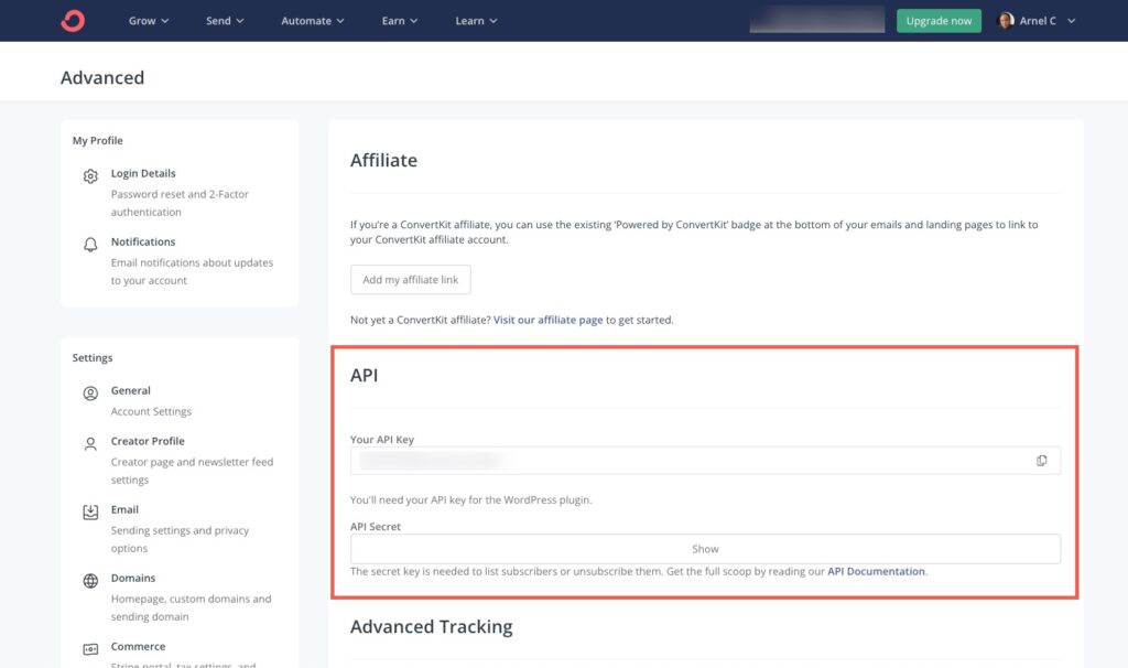 location of the APi keys in ConvertKit settings under Advanced