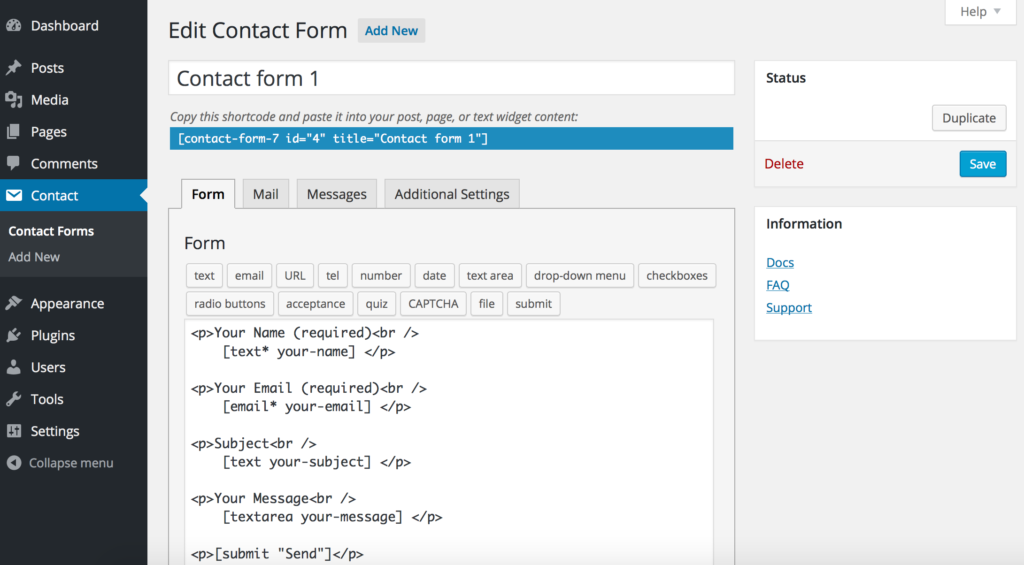 Contact Form 7 Settings Screenshot