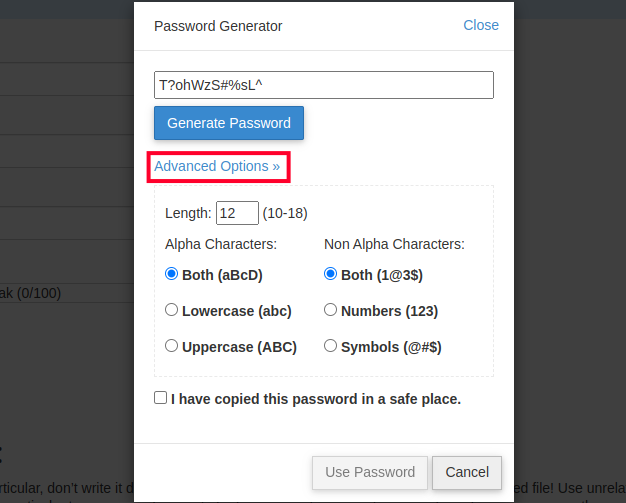 Advanced Password Generator Options in cPanel