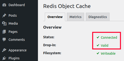 Redis Object Cache Connected and Valid in WordPress