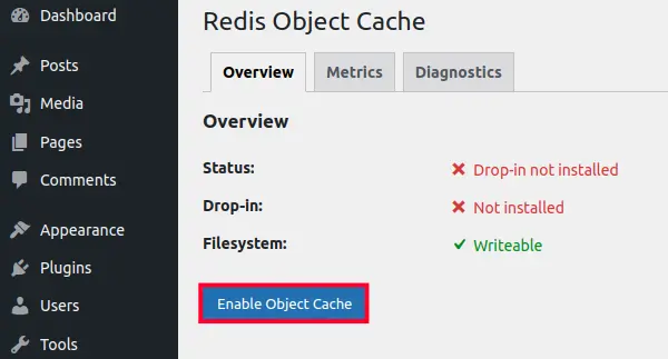 Enable Redis Object Cache