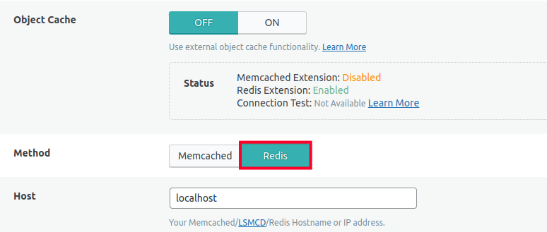 Selecting Redis as the Caching Method in WordPress