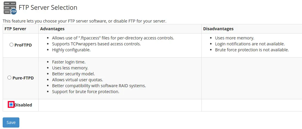 Disabling FTP Server in WHM