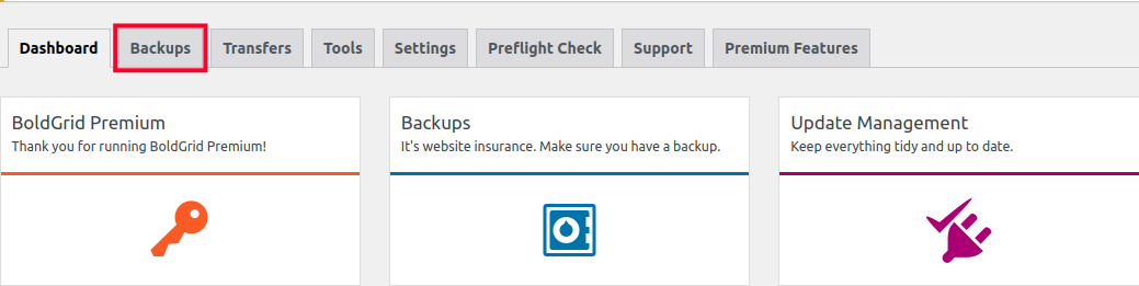 Accessing the Backups tab of the Total Upkeep Plugin