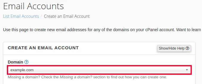 Selecting Domain You Are Creating an Email Account For