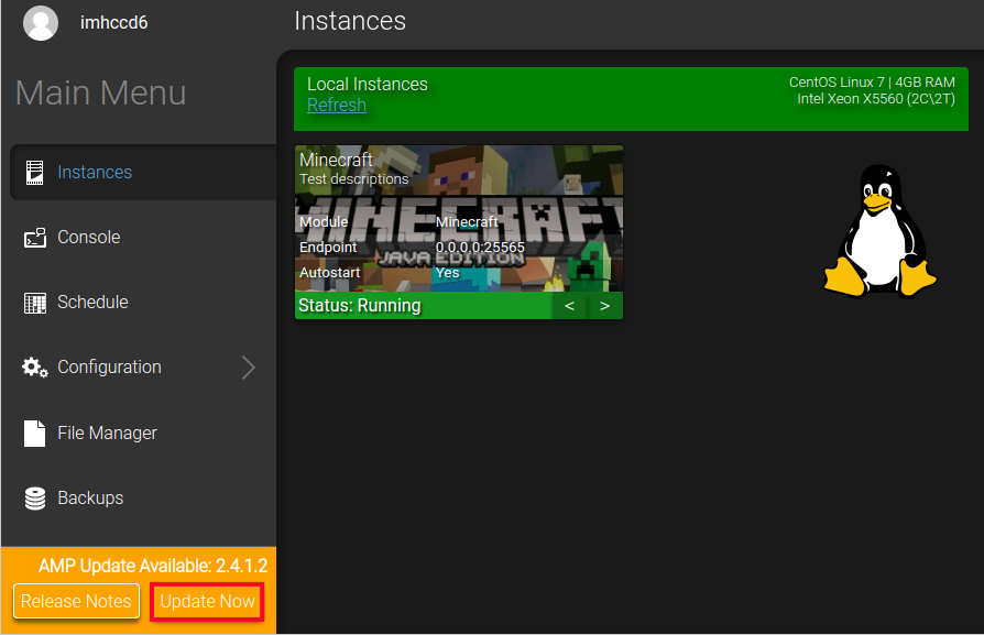 Clicking Update Now to Upgrade AMP in the Minecraft Game Panel