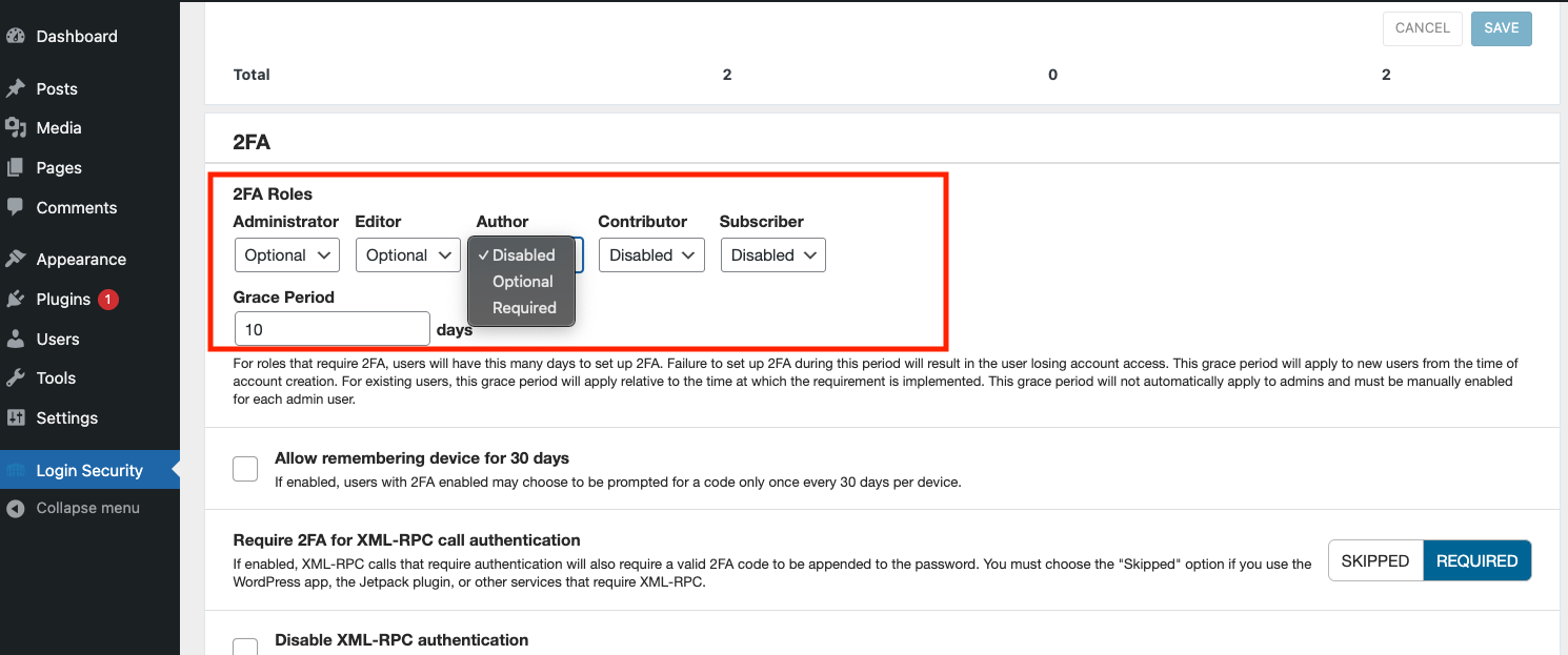 Screenshot highlighting the user role editing section of Wordfence login security