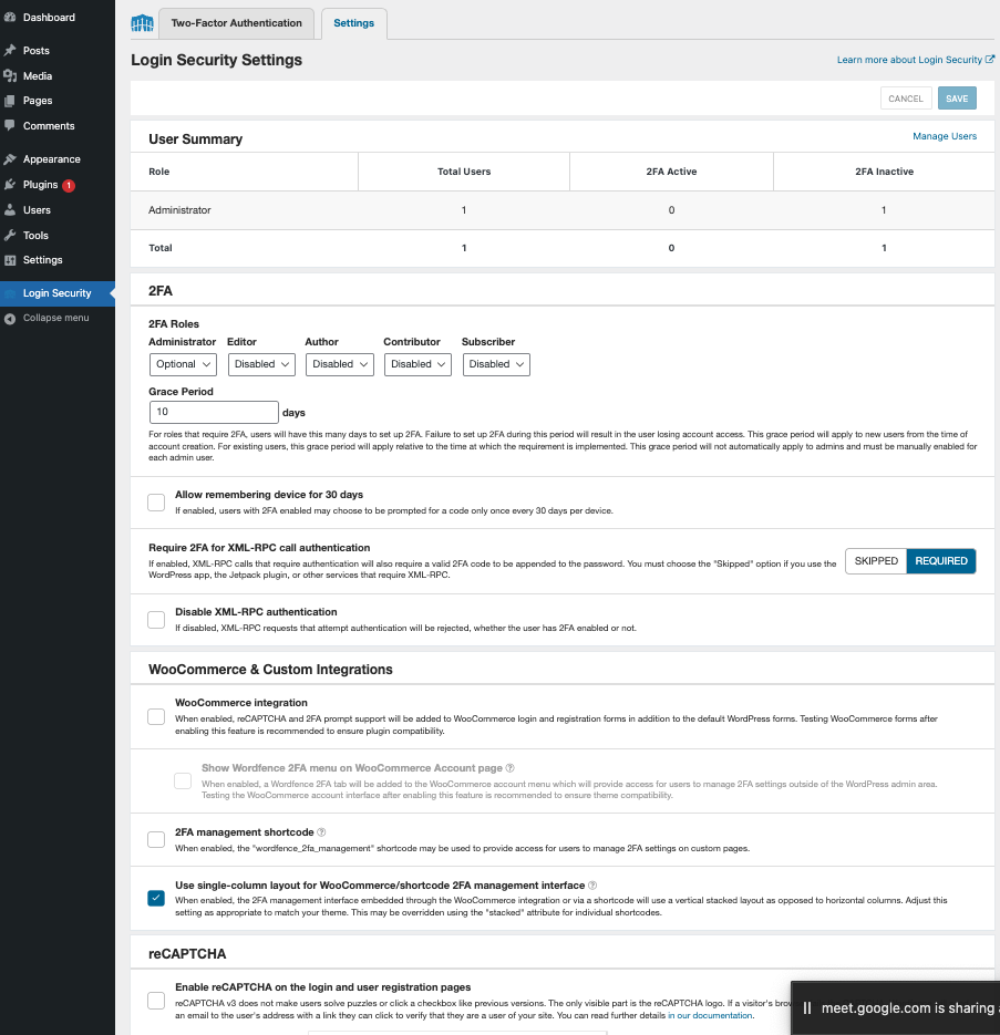 screenshot of the wordfence login security settings screen featuring 2FA settings, Woocommerce and integrations settings, and recaptcha settings