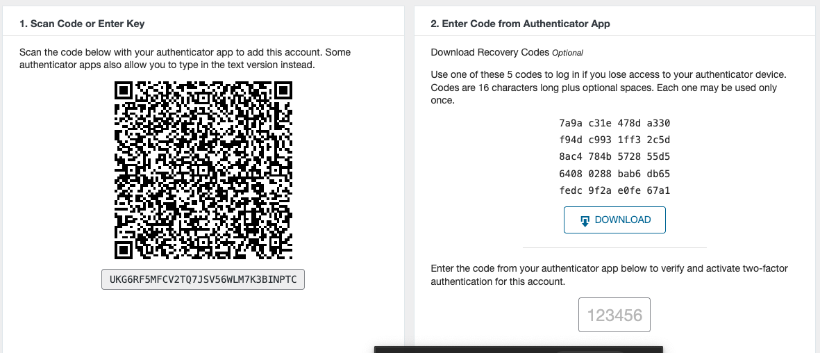 screeenshot of the Wordfence two-factor authentication login interface featuring the QR code and recovery codes
