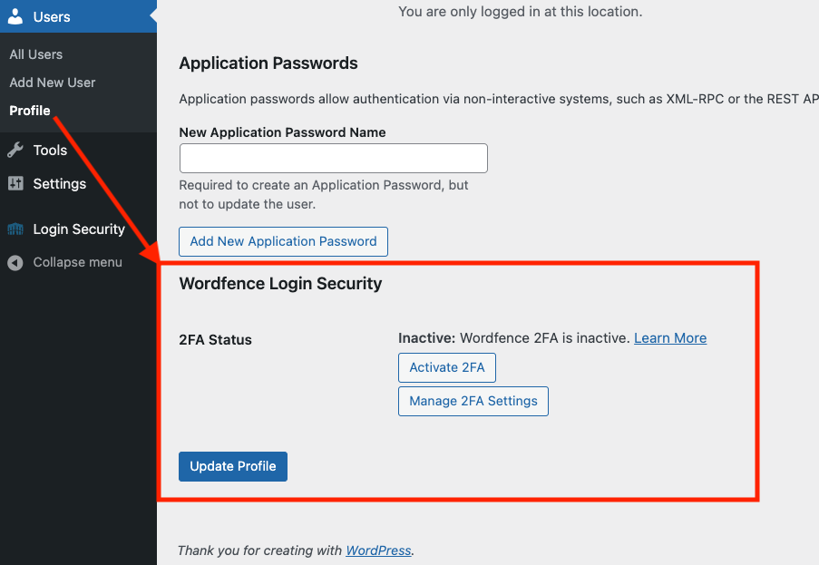 Screenshot of the user profile screen, highlighting the Wordfence login security section near the bottom of the profile page