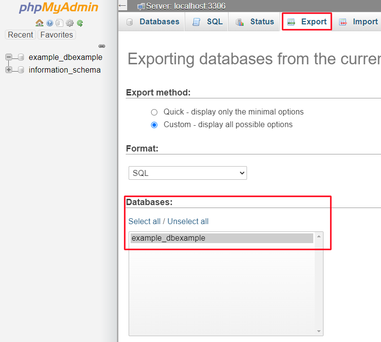 Exporting a Database through phpMyAdmin screenshot highlighting the Database section