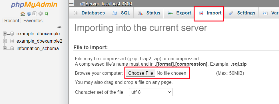 Importing a Database through phpMyAdmin screenshot