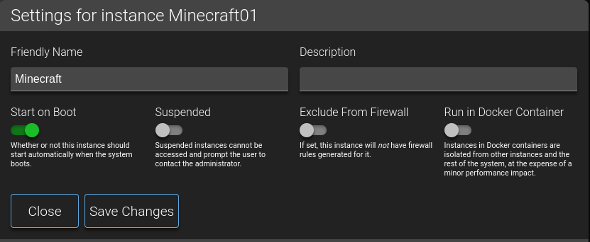 Instance Settings on the Minecraft Game Panel