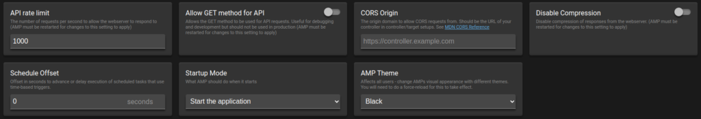 AMP Core Settings in the Game Management Panel