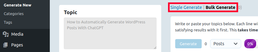 Select if You Want to Automatically Generate a Single or Bulk WordPress Posts with ChatGPT