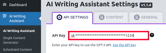 Entering ChatGPT AI Key for the AI Writing Assistant Plugin